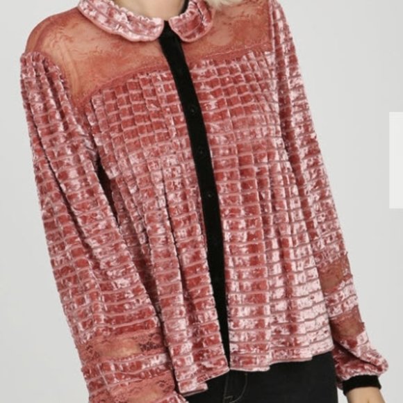 Classy Pink Velvet and Lace Tuxedo Top - Picture 1 of 16